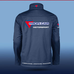 PROFI-CAR Motorsport Teamkleidung dunkelblaue Herren Softshelljacke mit weißen Reißverschlüssen und Logo-Stick auf der Brust Rückansicht